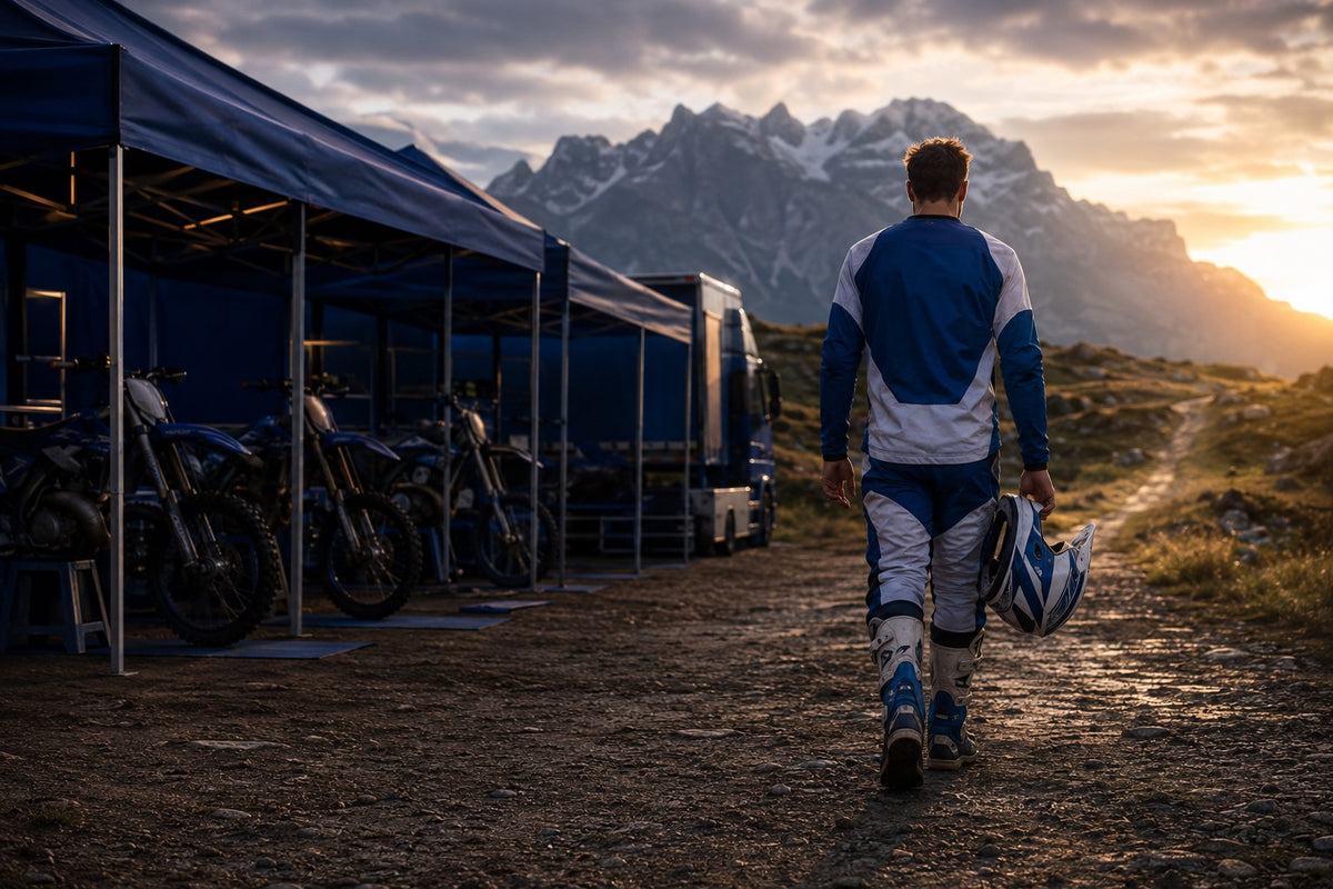 Editorial illustration of a factory enduro rider leaving a race paddock for a mountain trail