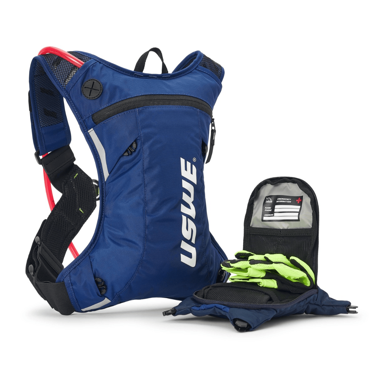 USWE Hydro 3L Blue Hydration Backpack - open organizer pocket with gloves and emergency info card